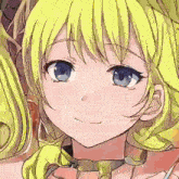 a close up of a girl 's face with yellow hair and blue eyes