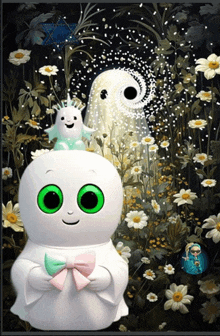 a white ghost with green eyes and a pink bow stands in a field of flowers