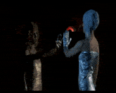 a woman in a silver dress holds her hand up to another woman 's hand