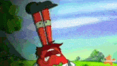 a cartoon character is standing upside down with a nickelodeon logo behind him