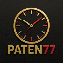 a black background with a gold clock and the word paten 77