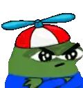 a pixel art of a frog wearing a red and white hat with a propeller on it .