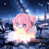 a cartoon girl with pink hair is flying through the air