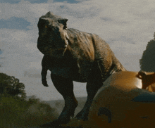 a t-rex dinosaur is standing in a field with trees