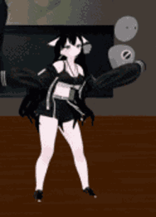a cartoon girl is dancing in front of a painting .