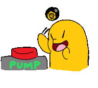 a yellow cartoon character is pressing a red button with the word pump on it