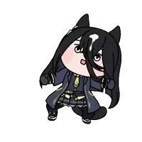 a cartoon drawing of a girl with long black hair and a white ponytail