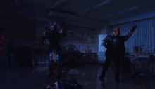a blurred image of a person in a red and blue suit