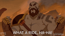 a cartoon of a man with the words what a ride ha-ha on the bottom