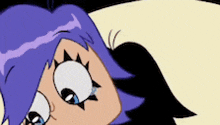 a cartoon character with purple hair and black eyes is crying .