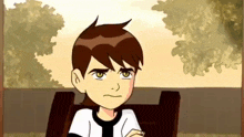 a cartoon character is sitting in a chair and looking at something .