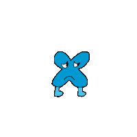 a cartoon drawing of a blue x with a sad face and feet .