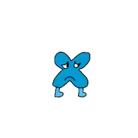 a cartoon drawing of a blue x with a sad face and feet .