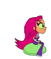 a cartoon character with pink hair is sitting on a green balloon .