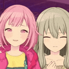 two anime girls are standing next to each other and one has pink hair