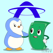 a penguin is holding a green dollar bill with a face on it
