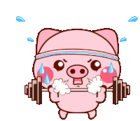 a cartoon pig is holding a barbell with sweat coming out of its nose