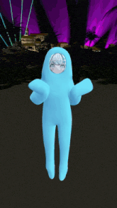 a cartoon character in a blue suit with a hood