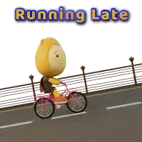 a cartoon character is riding a bike and the words running late are above him