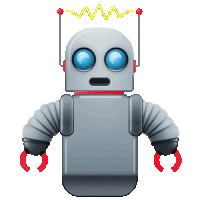 a robot with blue eyes and red claws