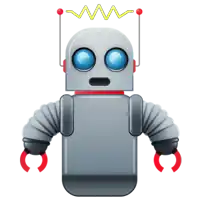 a robot with blue eyes and red claws