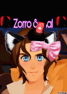 a cartoon character with a cat ear and a pink bow has the word zorro on the bottom