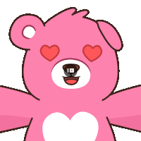 a pink teddy bear with hearts in his eyes and a video camera in his mouth