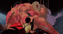 a man is riding a red motorcycle with a c on the back