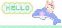 hello kitty is riding on the back of a dolphin in a pixel art style .