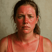 a woman with red spots on her face is wearing a red tank top