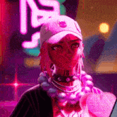 a girl with pink hair is wearing a white hat and a necklace .