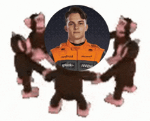 a picture of a race car driver surrounded by stuffed monkeys