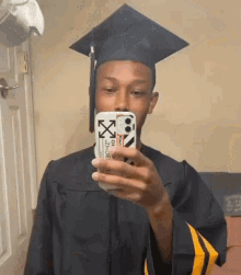 a man in a graduation cap and gown is taking a picture of himself in the mirror .