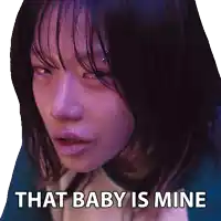 a sticker of a woman with purple hair and the words that baby is mine