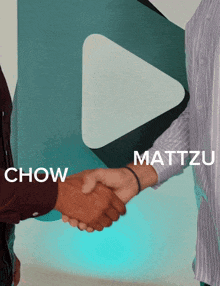 chow and mattzu are shaking hands in front of a video play button