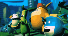 a group of cartoon characters are walking down a sidewalk