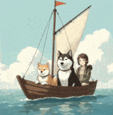 a girl is sitting in a boat with two dogs on it