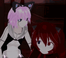 a pink haired anime girl and a red haired anime girl standing next to each other