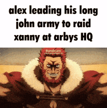 a man with a beard is holding a sword and says alex leading his long john army