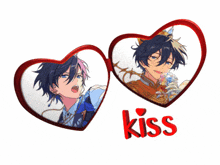 a couple of hearts with the word kiss in red
