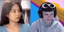 a woman and a man are looking at each other . the woman is wearing glasses and the man is wearing headphones .