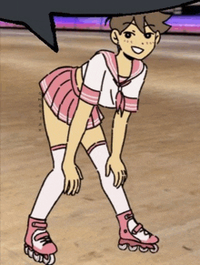 a cartoon character is wearing roller skates and knee high socks .