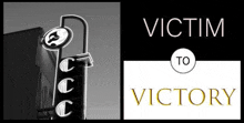 a black and white photo of a building with the words victim to victory