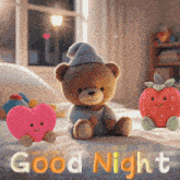 a teddy bear is sitting on a bed next to a strawberry and a heart pillow