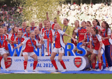 a group of soccer players are standing in front of a sign that says " uefa women 's champions league "