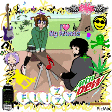 a cartoon of a boy and a girl sitting on a seesaw with the words flizzy dew written in the middle