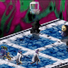 a video game is being played on a blue and white board