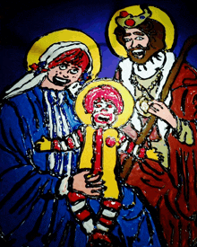 a painting of a nativity scene with a mcdonald 's logo on the baby jesus