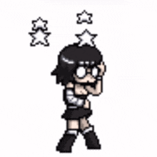 a pixel art cartoon of a girl with stars coming out of her head .