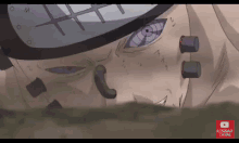 a close up of a person 's face with purple eyes and a youtube icon